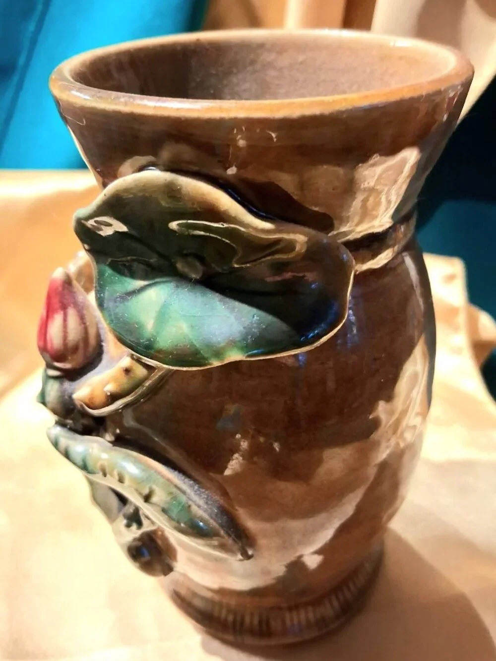 Vintage Majolica Style Frog & Lily Pad Vase - 3D Relief Pottery Lotus Bud